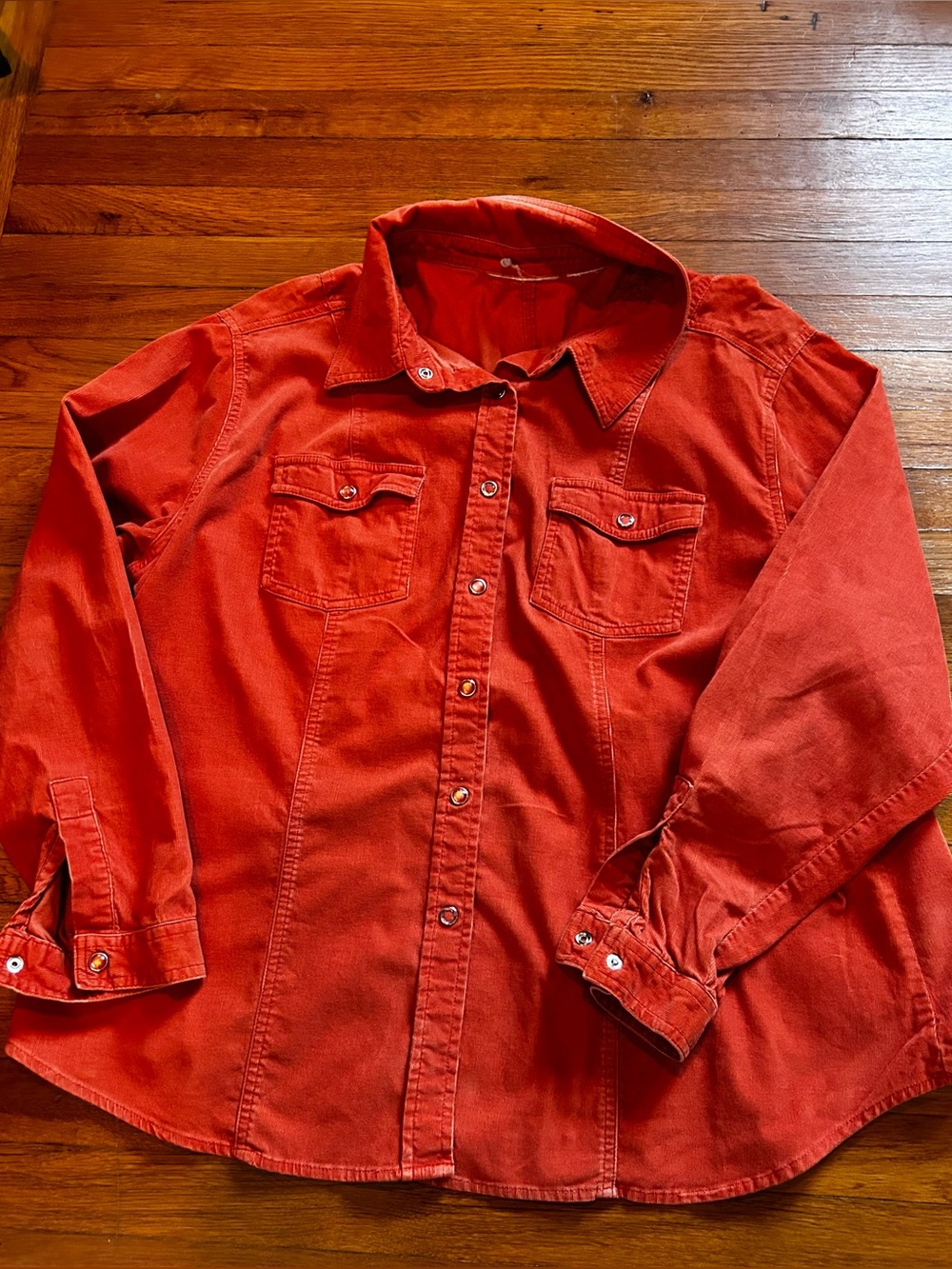 Red/Orange Button-Up Western-style Long Sleeve Collared Corduroy Shirt